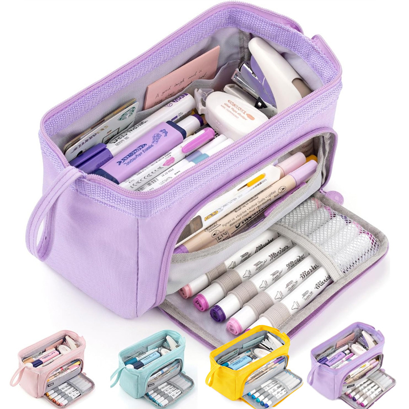 TEMU Trousse fourre-tout grande 4 couleurs - Boîte de papeterie spacieuse avec compartiments intégrés, étui à papeterie à étages, convient pour , , ,