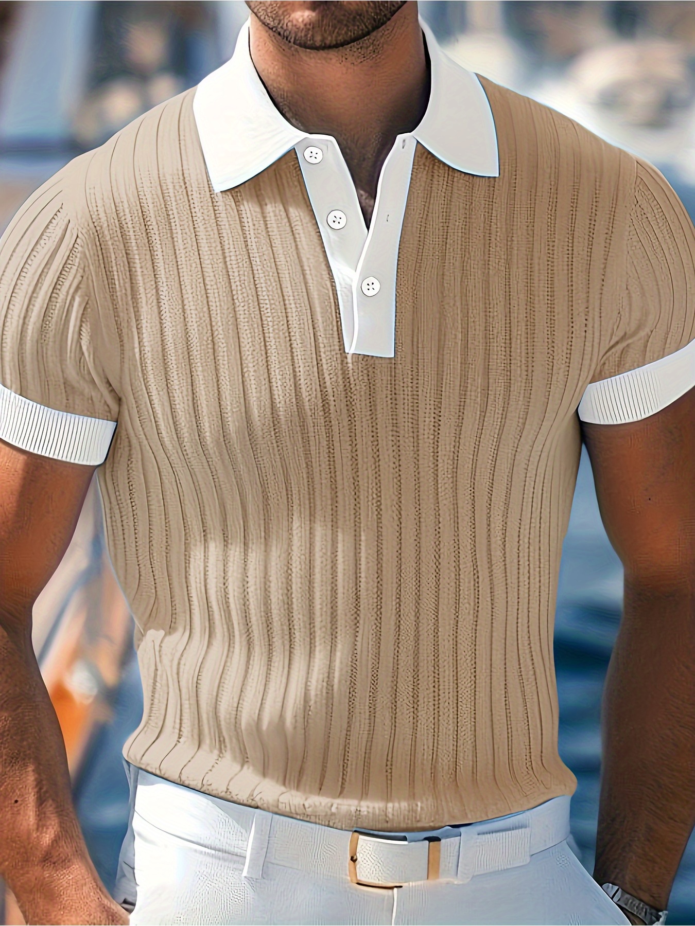 Men's Light Khaki Shirt - Beige & White Contrast Collar - Breathable Knit Fabric Shirt for Office, Golf, Parties - All-Season Formal & Casual Men's Clothing - Machine Washable