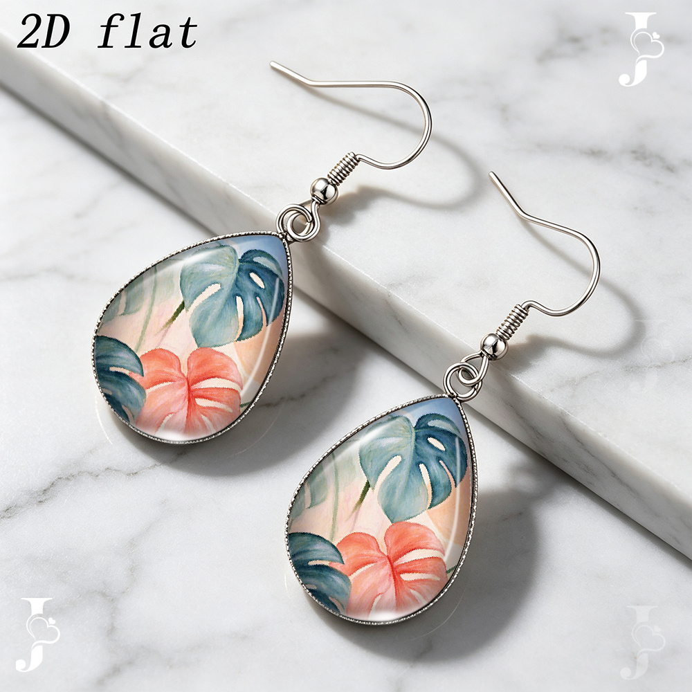 Teardrop Dangle Earrings with Monstera Tropical Plant Pattern