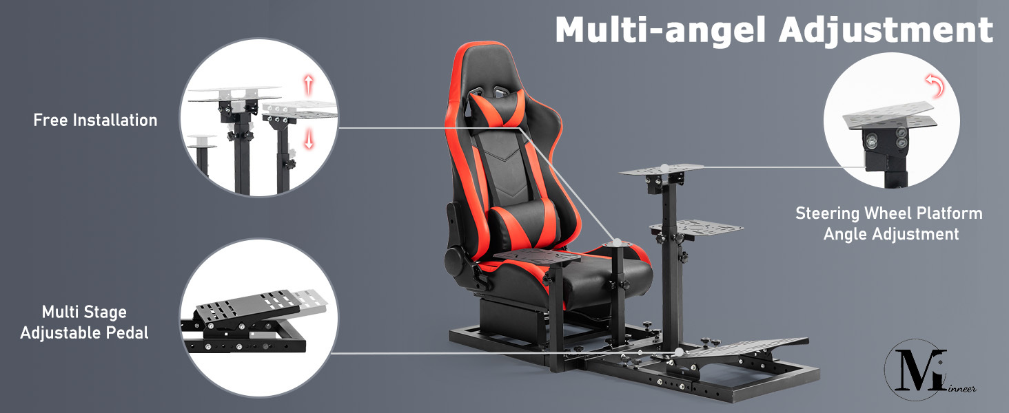 Minneer Racing Flugsimulator-Cockpit mit ergonomischem Gaming-Stuhl-Design – Schwerlast, höhenverstellbar & neigungsvariabel (90°–180°) – Kompatibel mit Logitech G25/G27/G29/G920/G923, Thrustmaster T80/T150, Fanatec, Moza – Lenkradständer pedalfreie Einrichtung – PC/PS5/PS4/Xbox//Simulator – Platzsparende Rennsimulator-Ausrüstung – Keine Elektronik benötigt