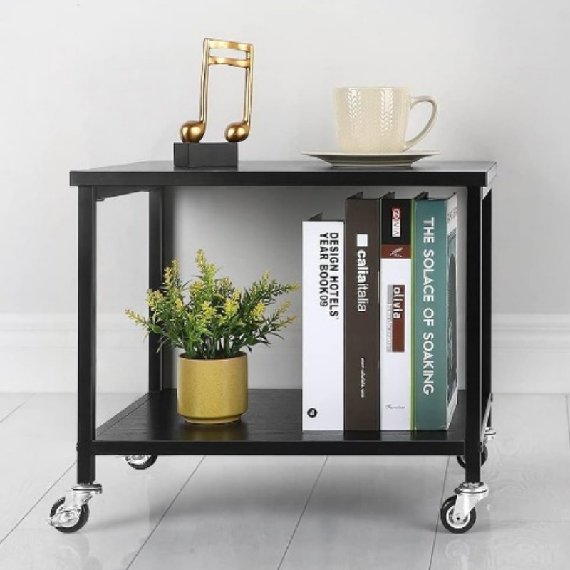 

2-tier Rolling Printer Stand With Storage Shelves, Lockable Wheels & Adjustable Feet, Black Metal Frame & Mdf Wood, Office Desk Organizer For Home, Bedroom, Or Study Room