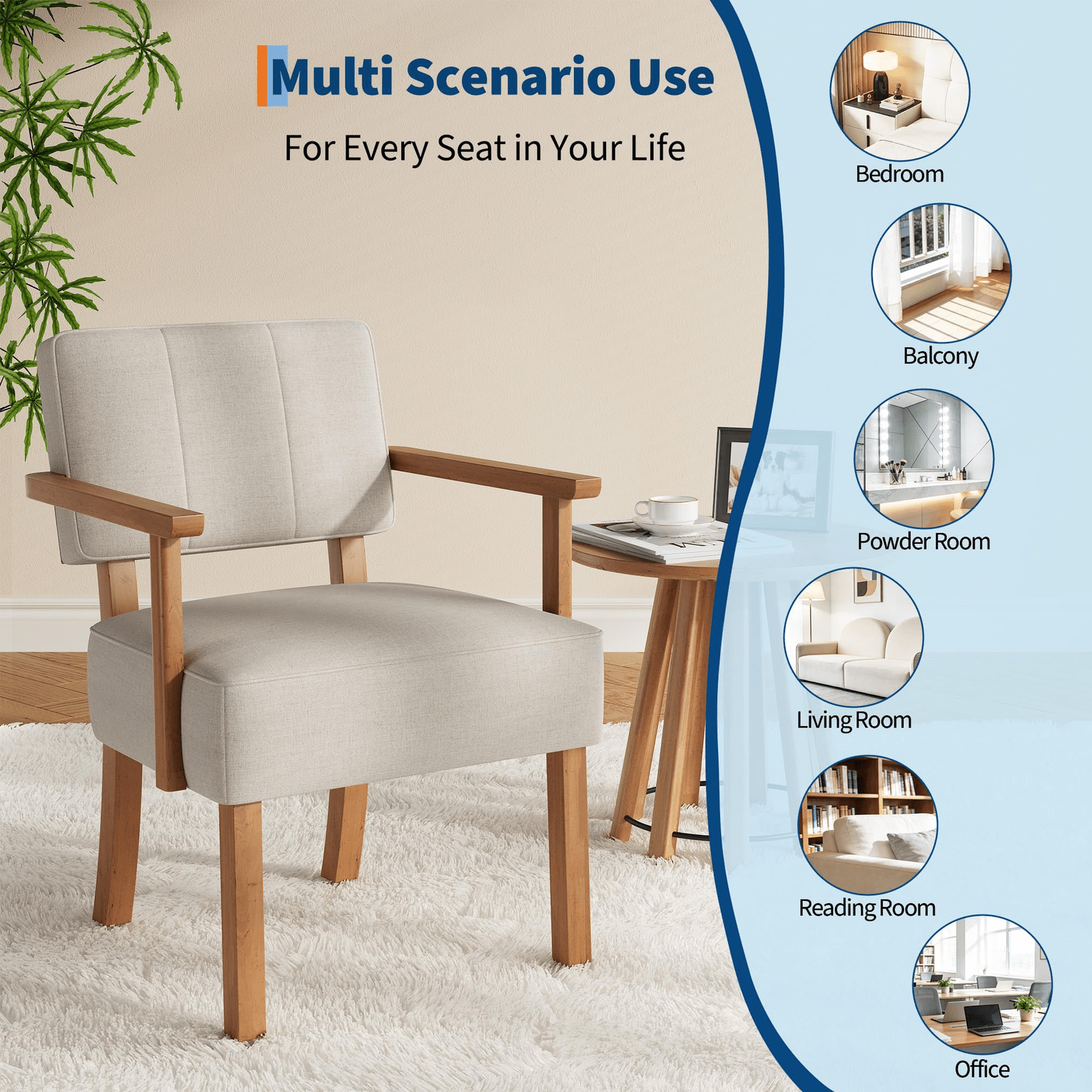 Patio Dining Set, Outdoor Chairs Set Garvee Mid-Century Accent Chair Set of 2 with Wood Frame, Linen Fabric Lounge Arm Chair with Classic Vertical Stripe Reading Leisure Chair for Living Room, Bedroom, Balcony, Beige