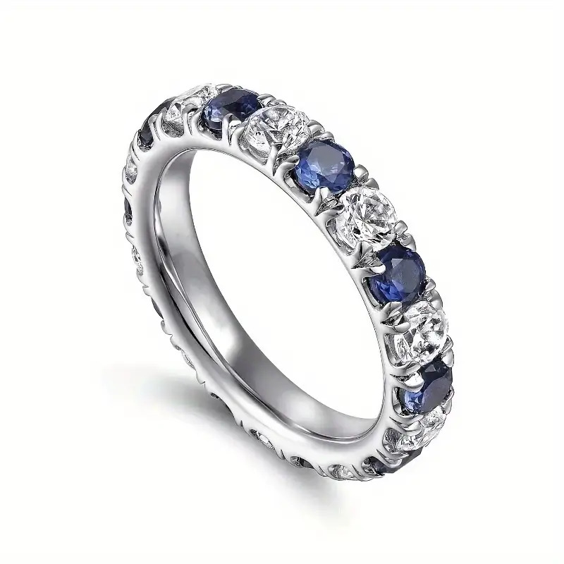 TEMU Un anneau en argent 925, de moissanite bleue et blanche , représentant une élégance profonde en beauté et en style, parfait pour un usage ou