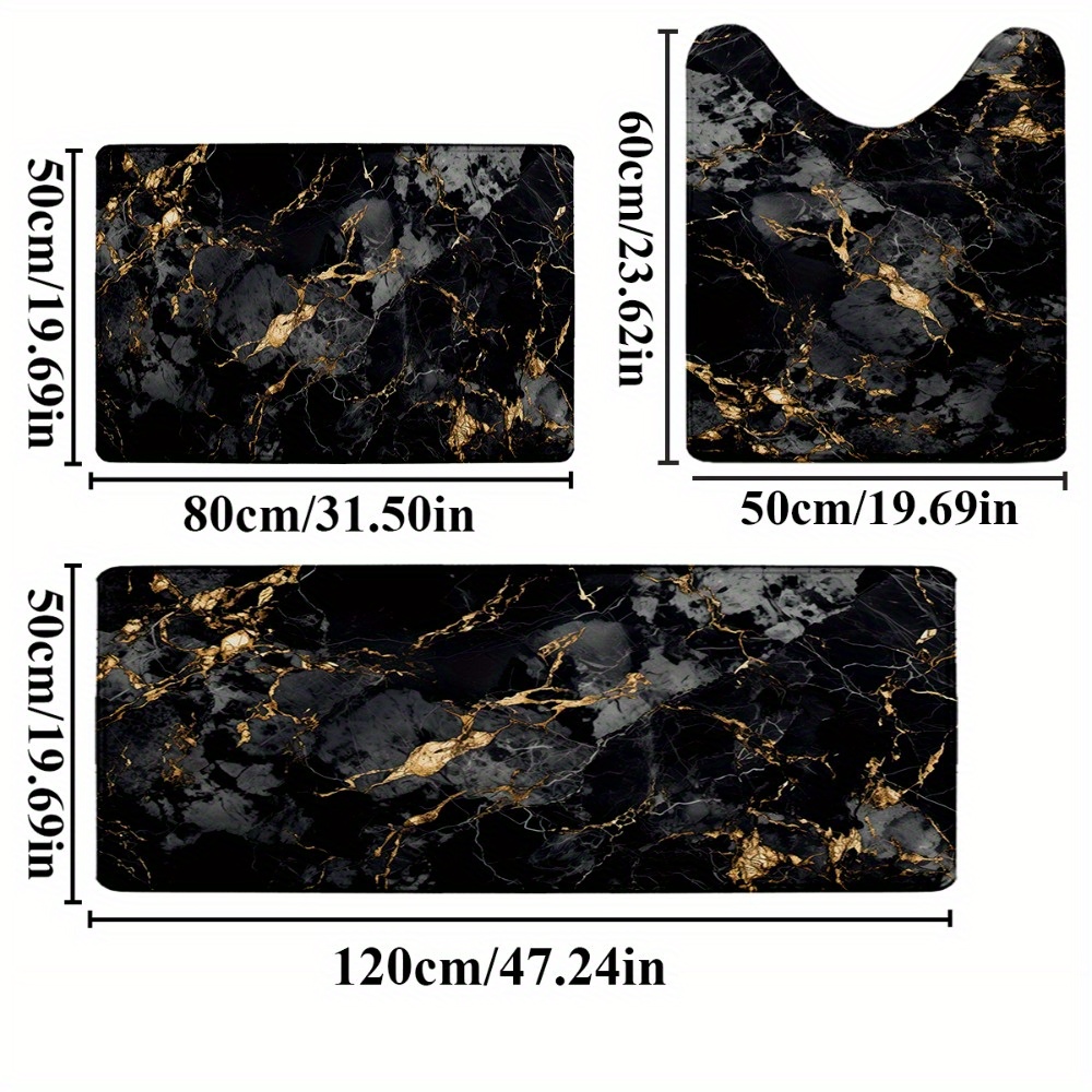 TEMU 3pcs/ Set Black Gray Marble Printed Bathroom Protective Mat Sets, Non-slip Bathroom Mat, Flannel Bathroom Mat, Bathroom Floor Mat, Toilet Mat