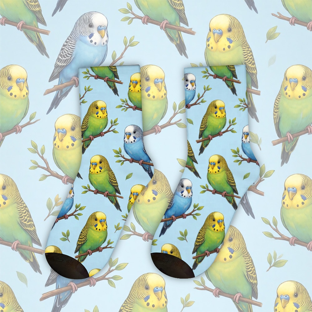 TEMU 1 Pair ' Budgerigar Bird Print Socks - Soft Breathable Polyester Crew Socks With Cute Budgie Pattern, Machine Washable Suitable For Casual Wear,