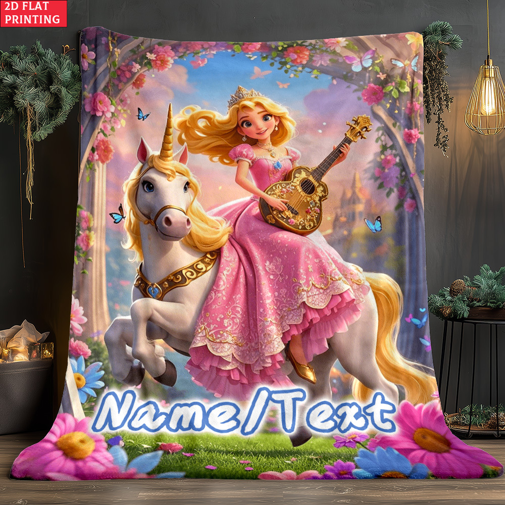TEMU 1pc Custom Name/text, Unicorn And Princess In Scene 2d Flat Printed Outdoor Blanket Suitable For Camping, Picnic, Hiking, , Bedroom, Office -