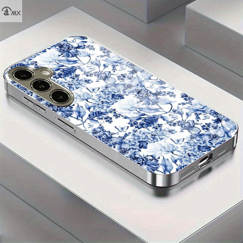 TEMU Phone Case: Blue And White Porcelain Floral Pattern Electroplated Silver Tempered Glass Phone Case For Galaxy S25/s24/s24fe/s24 Plus/s24