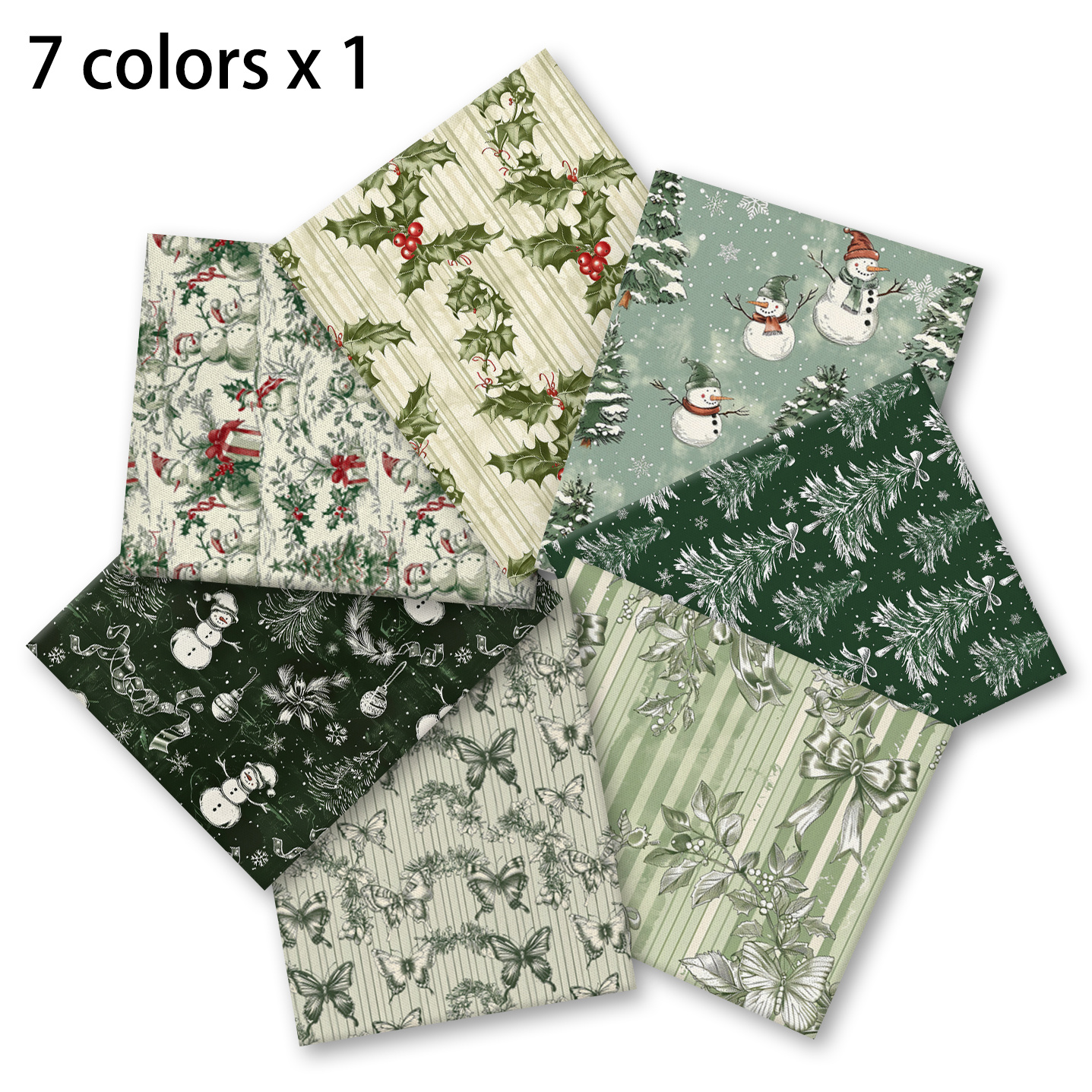 TEMU 7pcs Vintage Dark Green Christmas Fabric Suitable For Trivets, Tablecloth Appliques, Coin Purses & Sewing Crafts - Butterflies, , Snowman Trees,