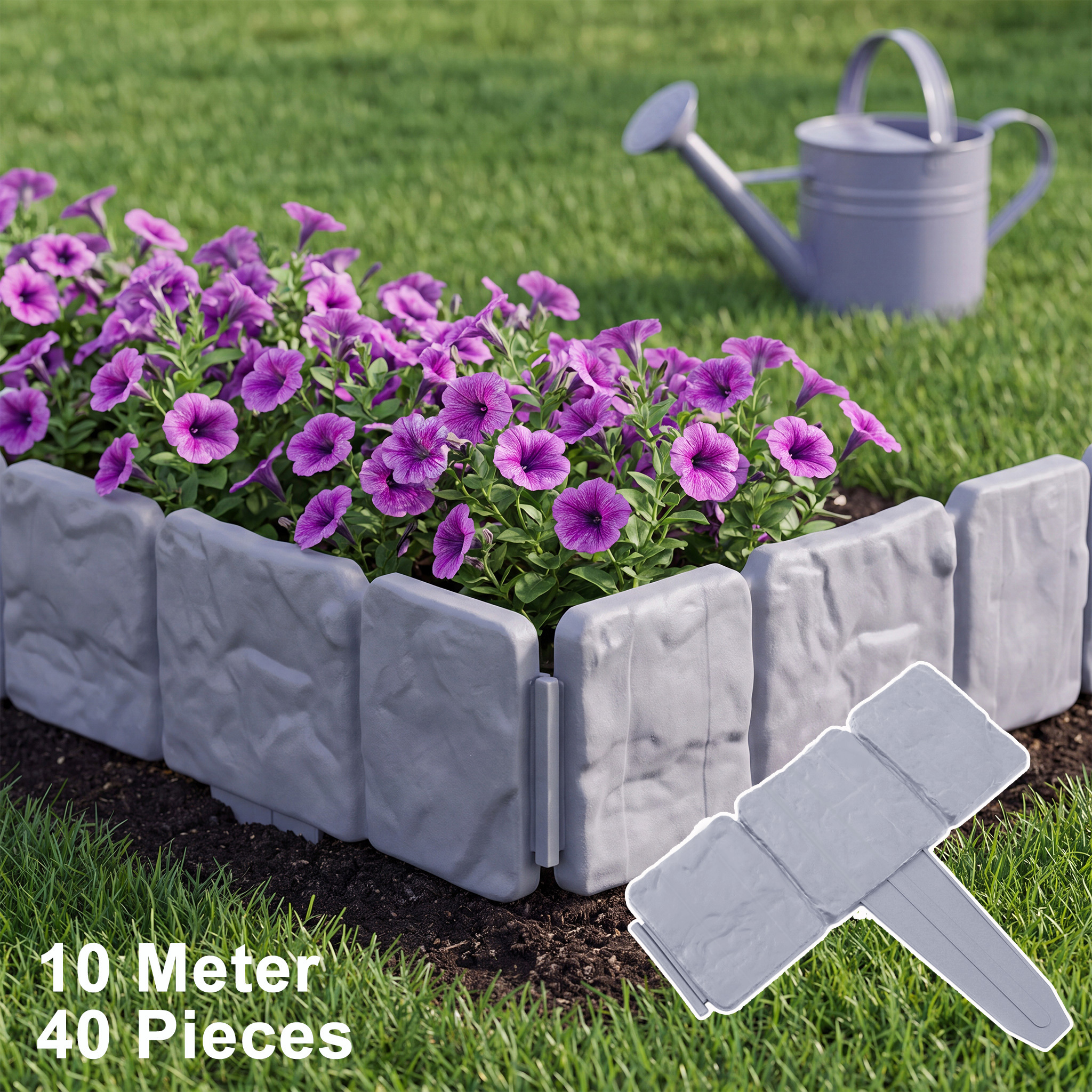 TEMU Pack Of 40 Stone Effect Garden Lawn Edging, 10 Meter Pp Garden Border Edging, Interlocking Plant Border For Flower Beds, Path & Lawn Borders