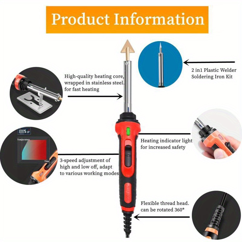 2 in 1 plastic welding kit 100w plastic welding repair kit   temperature control soldering gun plastic welding set for surface repair us plug Product details 8