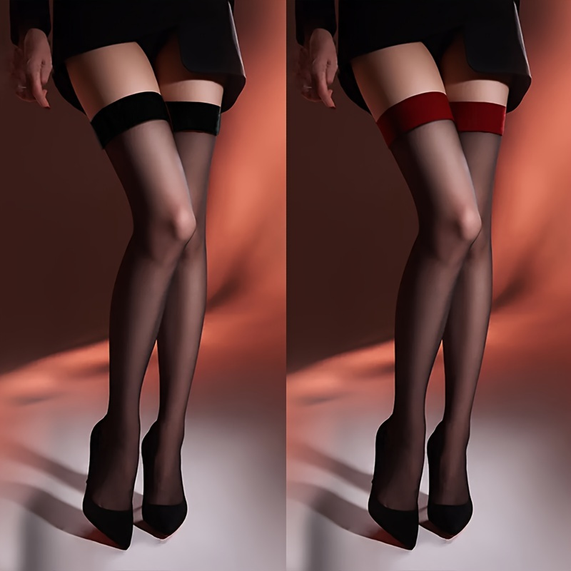 

Ultra-thin Sheer Over The Knee Stockings For Women, Thigh High Socks In Red/black - Polyester And Polyamide , Hand Wash Only, Hot, Hosiery