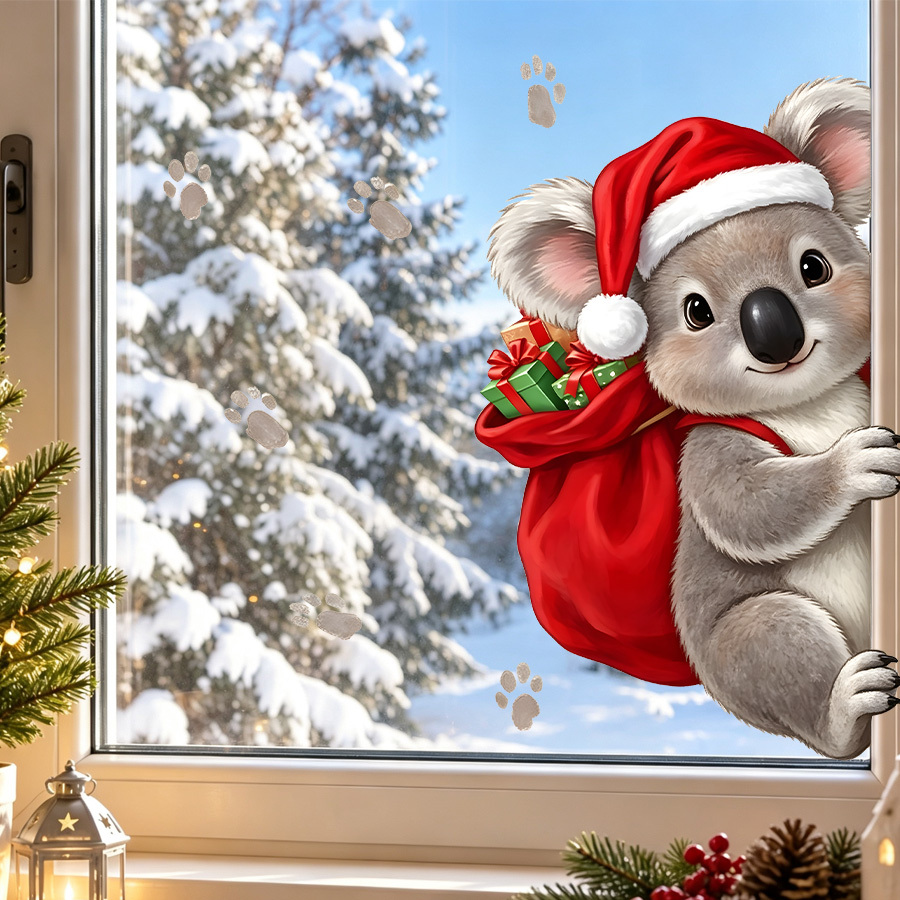 TEMU Cute Christmas Koala Static Clings Window Sticker, Double-sided Peeking Koala Santa Hat Gift Sack Paw Print Glass Decal, No Glue No Residue