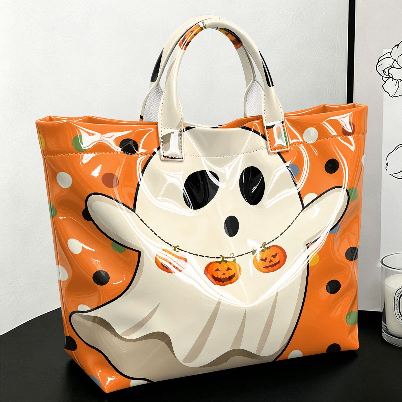 TEMU Women's High Quality /pvc Large Tote Bag Suitable For Halloween Pumpkin Polka Dot Print Handbag With Zipper Closure, Glossy High Quality /pvc