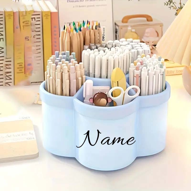TEMU Personalized Name Rotating Desktop Organizer - Multi-compartment Storage Box, Customizable For Stationery, Makeup Brushes & Lipsticks - Durable
