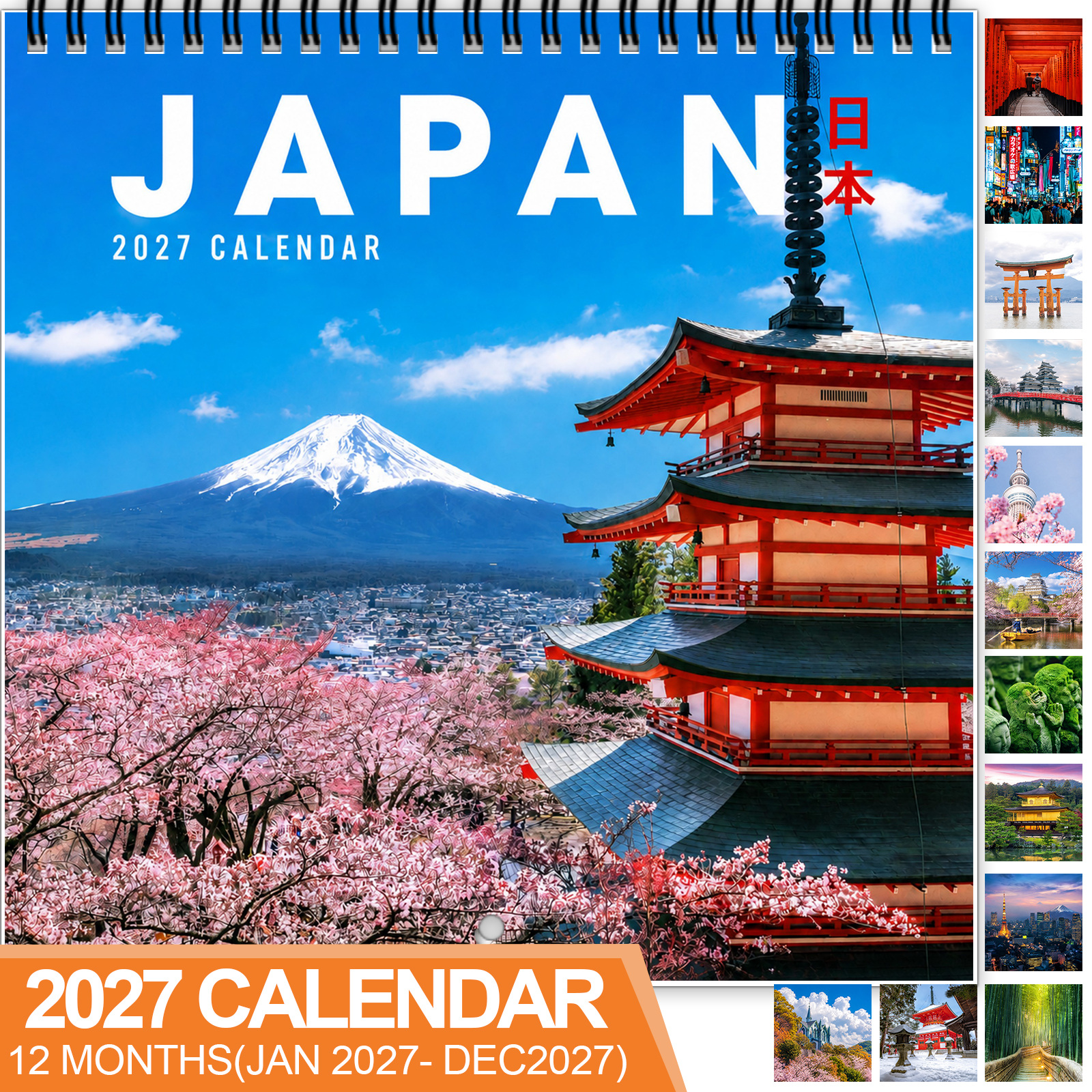 TEMU 1pc 2027 Japan Travel Wall Calendar, Spiral-bound 12-month Calendar With Thick Coated Paper, Featuring , , Torii Gates, Temples, Castles, Bamboo