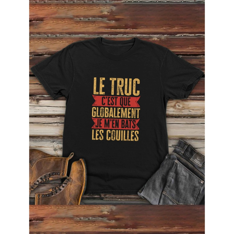 

T-Shirt Décontracté d'Été pour Homme - Manches Courtes, Mélange de Polyester, Imprimé Slogan Français Amusant, , Col Rond, Léger & Respirant pour Tenue Décontractée