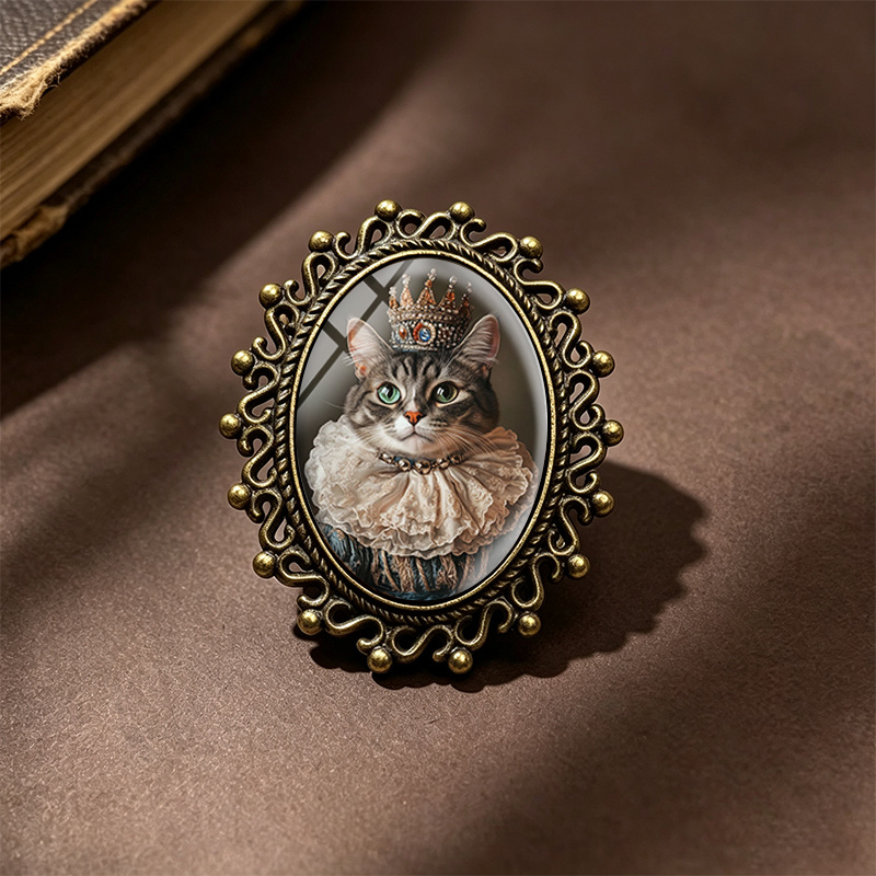 TEMU 1 pièce Broche ovale vintage chat tigré avec en verre, broches vintage unisexes, accessoire pour vêtements et sac à dos
