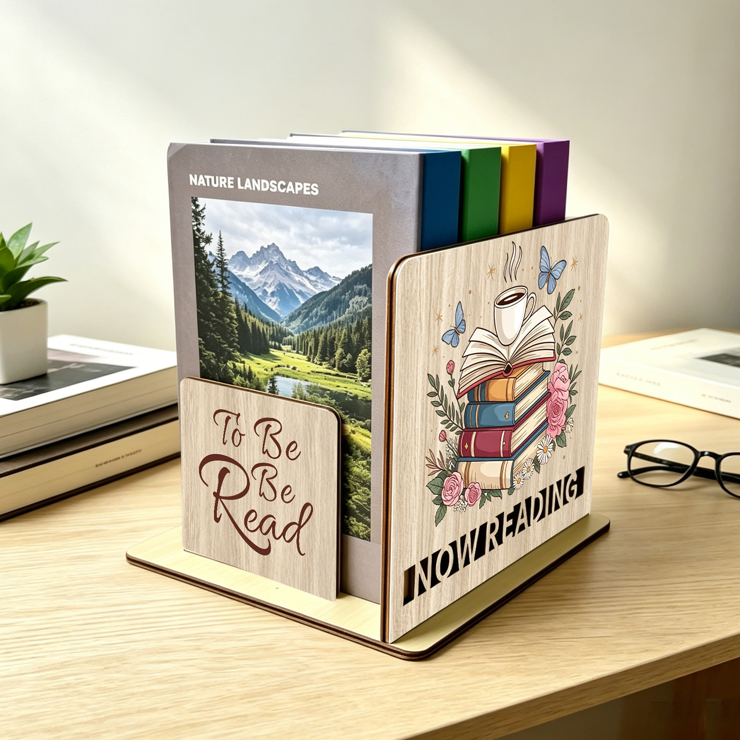 TEMU 2dflat 1-set Wooden Bookshelf With Coffee And Book Floral Print, Desktop Storage And Book Lover Gift, Natural Wood Aesthetic Bookend, Home