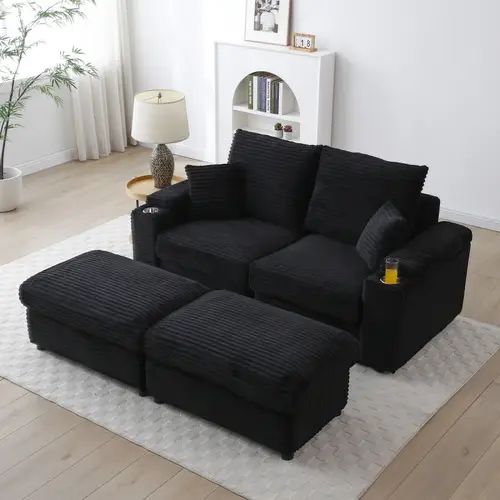 loveseat with ottomans corduroy fabric modular sectional sofa comfy deep plush couch with ottomans and two pillows for small spaces living room bedroom office 5 colors black
