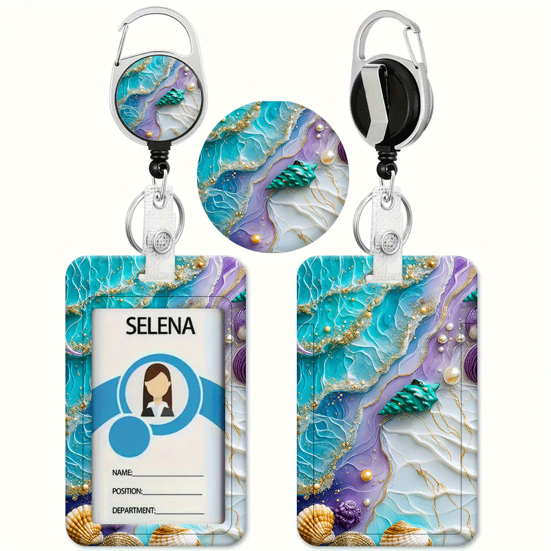 TEMU Ocean Gradient Blue-purple Shell Print Pattern Lanyard - Heavy-duty Id & Credit Card Holder With Retractable Clip, Suitable For Nurses, Doctors,
