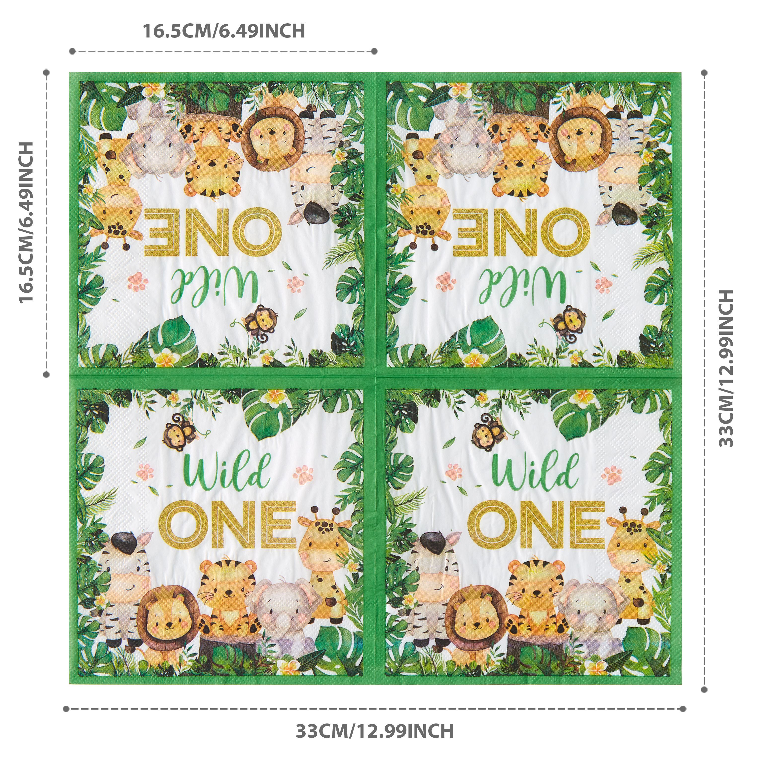 E-shop 25 Stück/Packung 33x33 cm/13x13 Zoll Einweg-Servietten, Dschungelgrün-Rand mit Einjährigen Tieren, Geburtstagsservietten für Partydekoration,