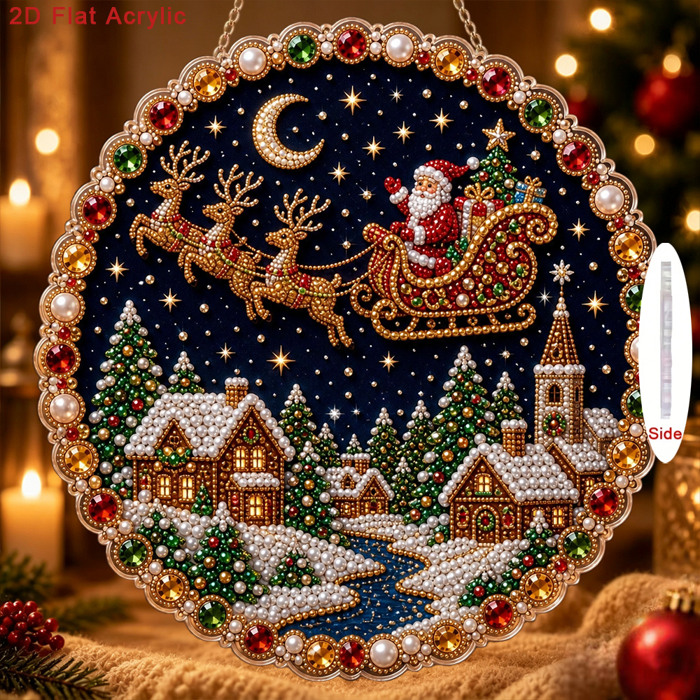 TEMU 2d Flat New Acrylic Christmas Pearl Painting Pendant Set, Acrylic Pearl Diamond Inlay Santa Claus Sleigh Reindeer Scene, Holiday Ornaments Home