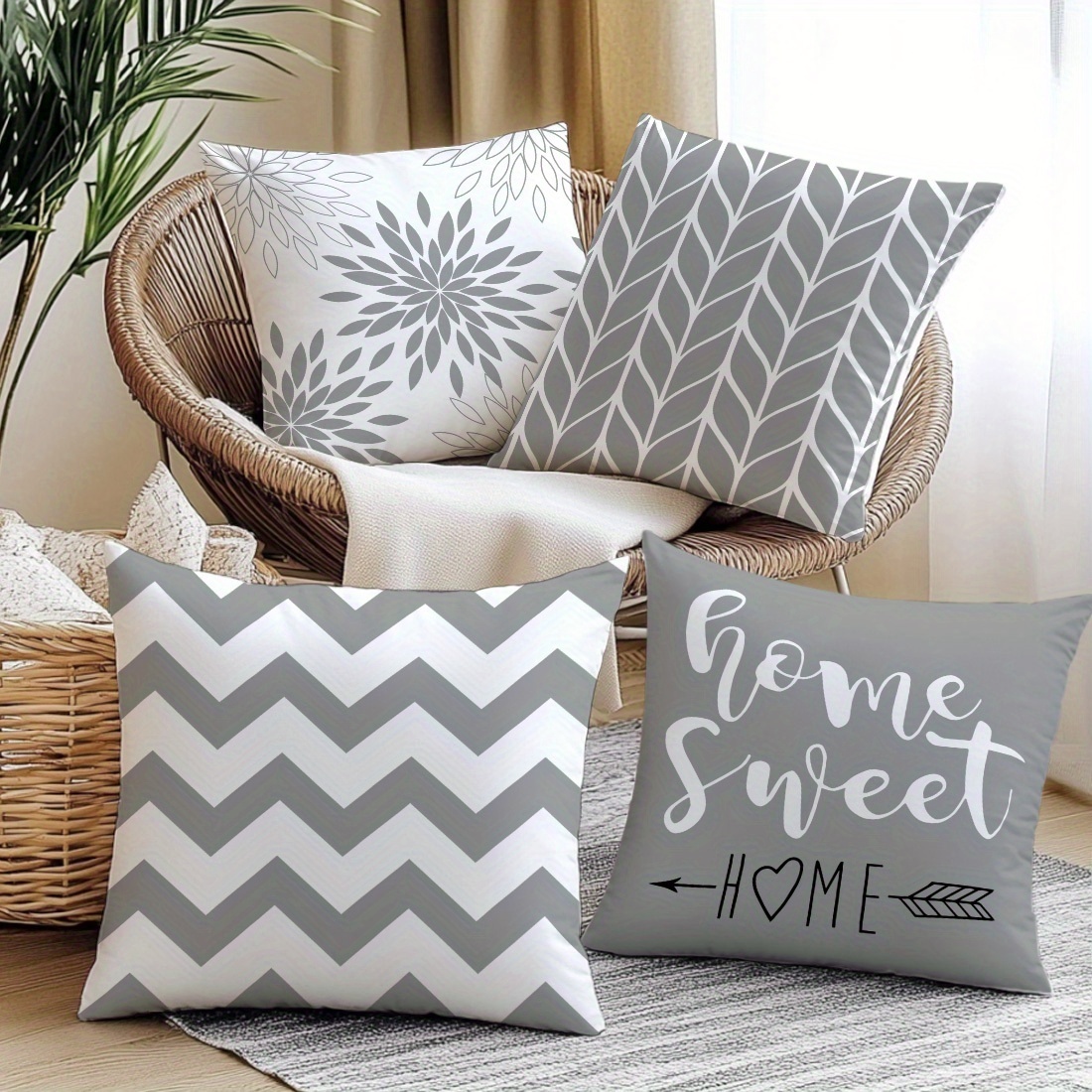 TEMU Parure de 4 taies d'oreiller toutes à thème avec géométriques et blanc et "home", housses de coussin carrées de style moderne pour décoration