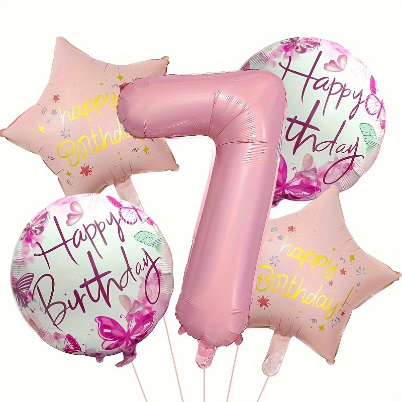Image of 7pcs Pink Birthday Balloon Set, Including 101cm Numbers 1, 2, 3, 4, 5, 6, 7, And 8in Pink With "happy Birthday" Letter Star Balloons. Suitable For Birthdays, Graduation Ceremonies, And