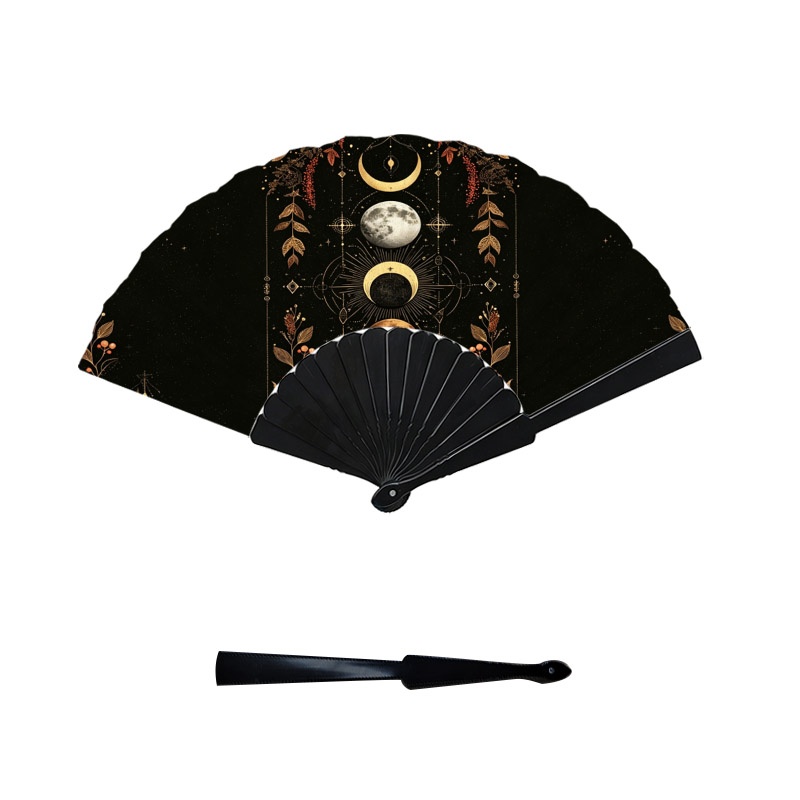 TEMU Women's Handheld Fan, 1pc Plastic Frame & Blade Fan With Moon Phase Botanical Celestial Print, Dark Cooling Fan, Perfect For Outdoor Daily Use &