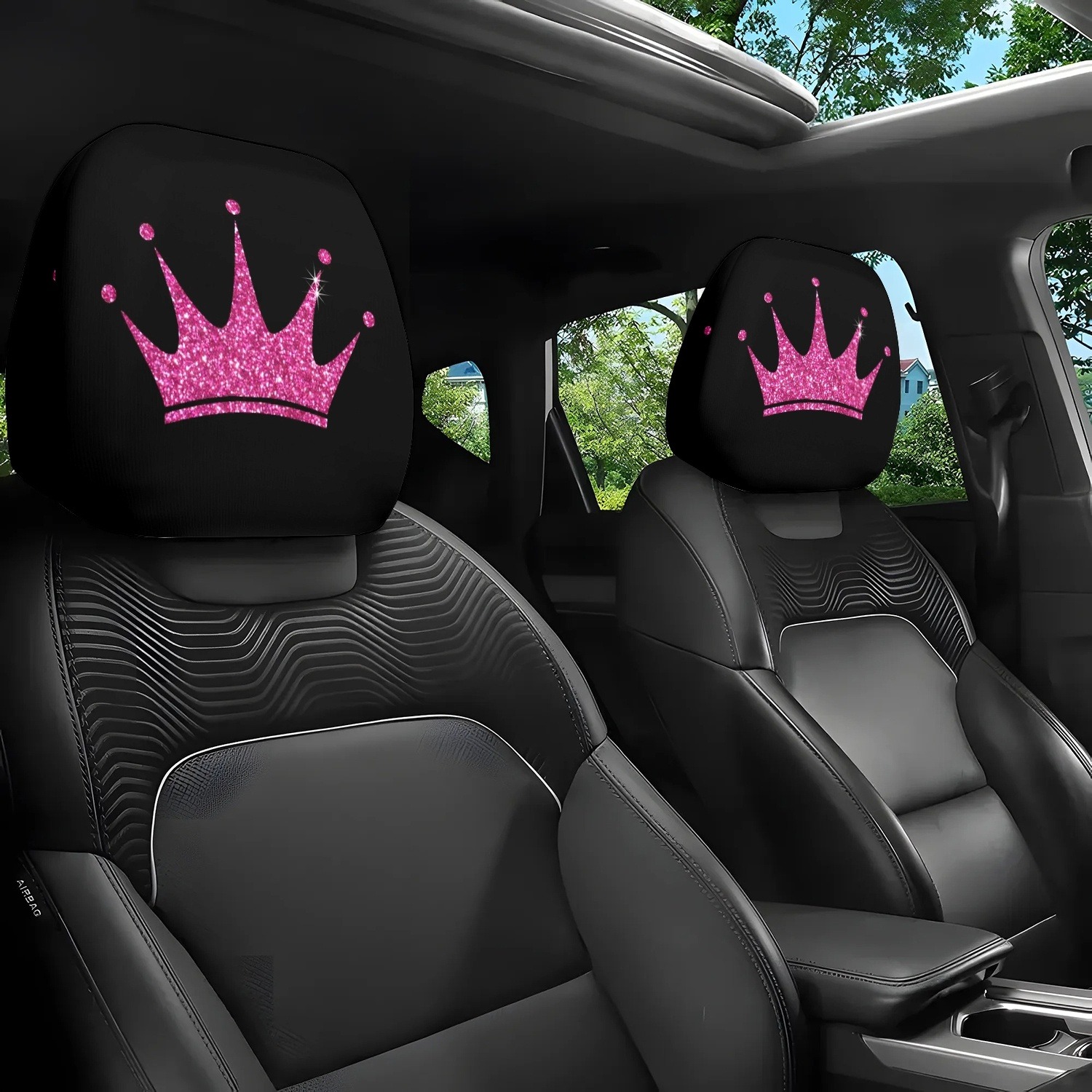 TEMU 2pcs 2pcs Glitter Rose Pink Crown Car Headrest Covers - Headrest Protectors Suitable For Car , For Road Trips, For Couples, For Vehicle (no