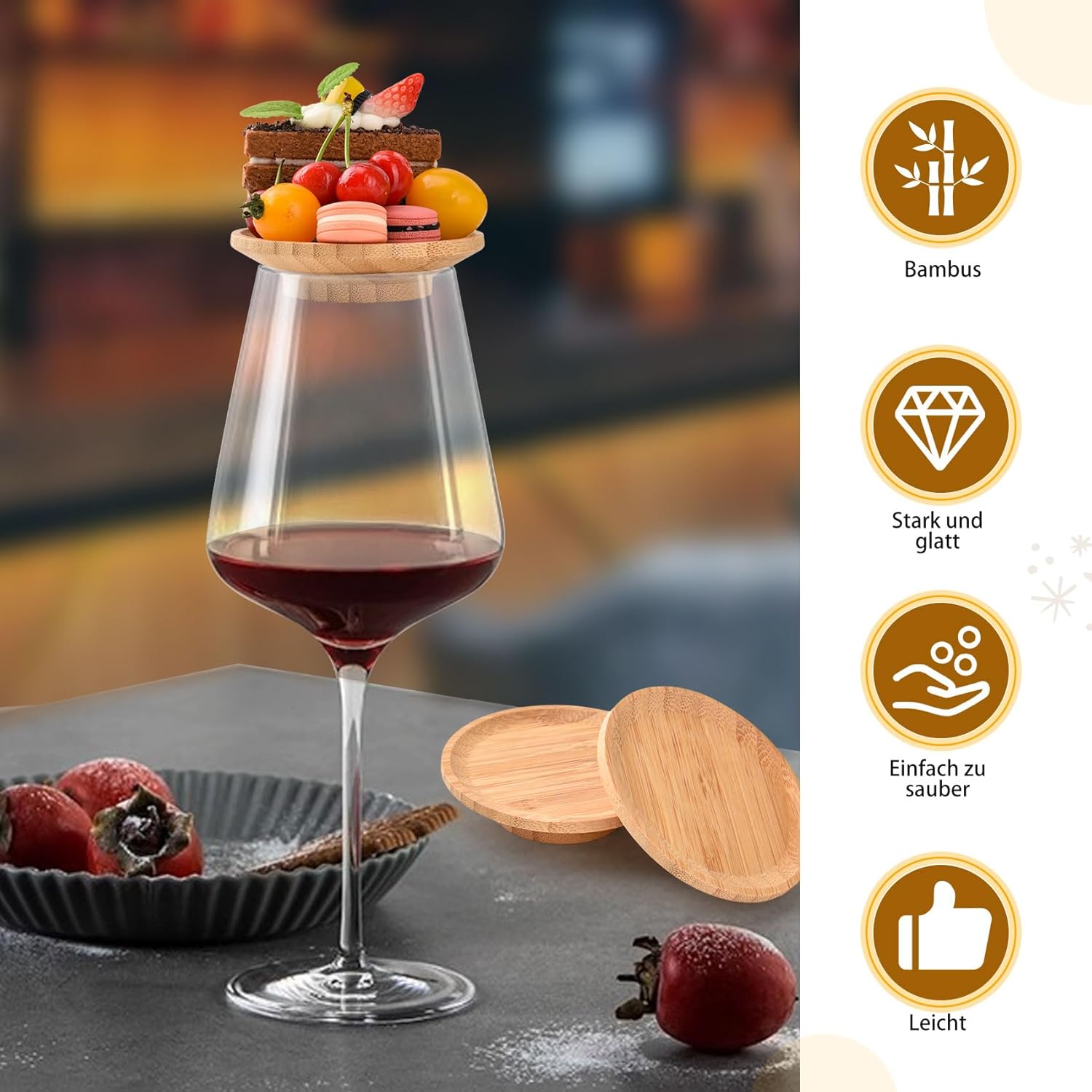 Pack Of 8 Wood Wine Glass Toppers & Charcuterie Board Stoppers - Elegant Coasters Suitable For Appetizer Plates, Desserts, Drinks, Parties, Weddings, Birthdays - & Wood Spill- Caps