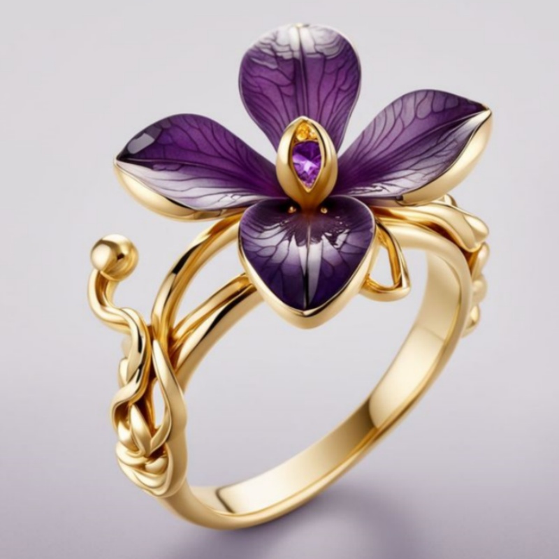 Women's Exquisite Golden Enamel Flower Ring, Cute Gift