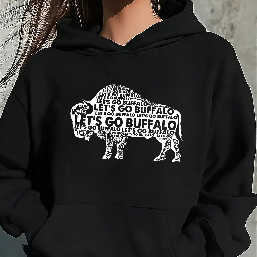 

Women's Casual Sport Hoodie With Buffalo Graphic, Kangaroo Pocket, Long Sleeve, Polyester Knit Fabric, Slight Stretch, Geometric Pattern - All Season Hooded Sweatshirt