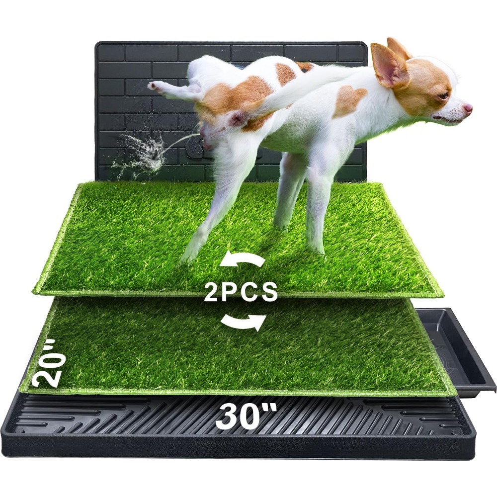 Image of Indoor Outdoor Pet Potty With Grass Mats, 2 Edge-protected Pee Pads & 6 Drainage Holes, Washable Reusable Dog Training Toilet Tray For Small Medium Dogs Cats