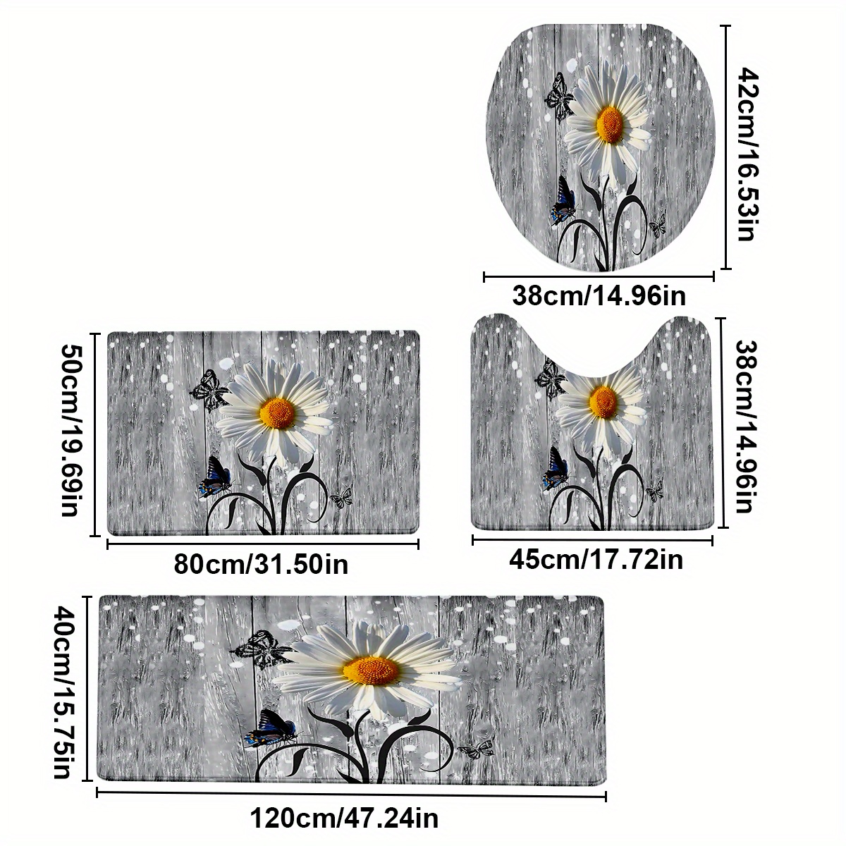TEMU 4pcs/ Set Minimally Designed Daisy Printed Bathroom Protective Mat Set, Non-slip Bathroom Mat, Flannel Bathroom Mat, Bathroom Floor Mat, Toilet