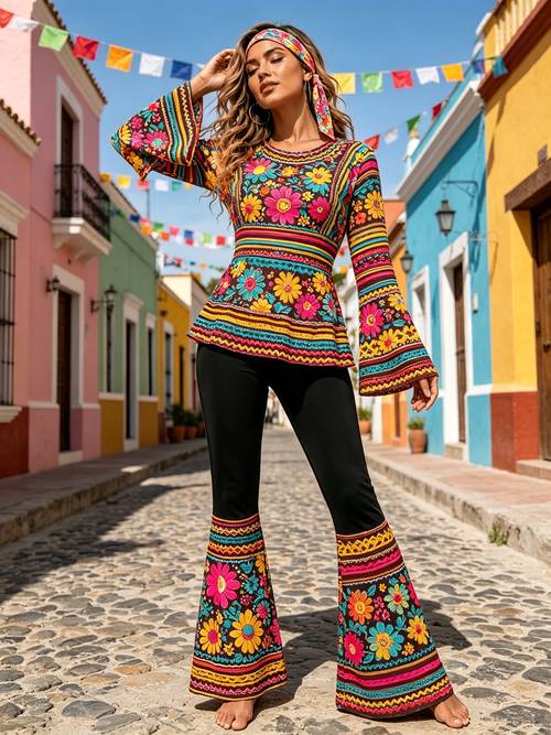 item picture 70s disco retro outfits womens disco costumes including long sleeve shirts flared pants headbands multicolored suitable for christmas and holiday parties flared pants