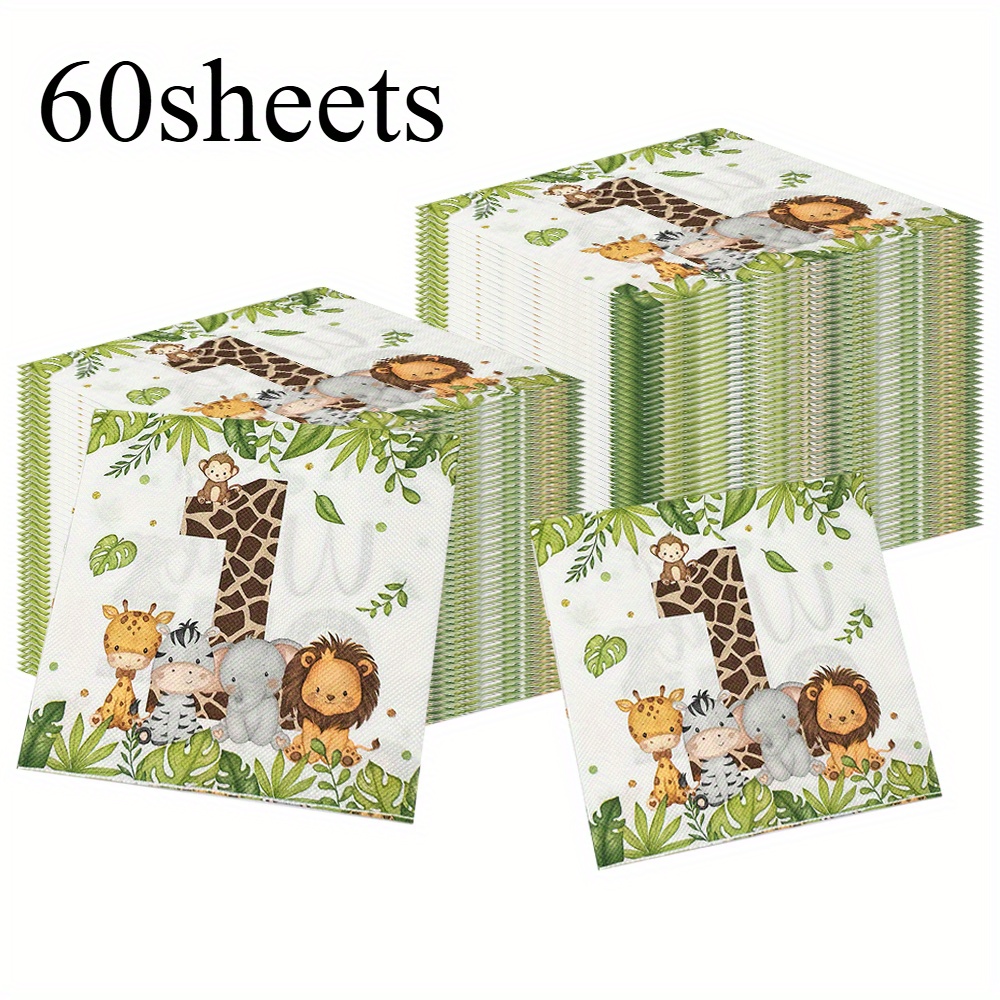 E-shop 60 Blatt Servietten mit bunten Tiermotiven, bedruckt mit Giraffe, Löwe, Zebra, Elefant und Affe, passend für westliche Restaurants und