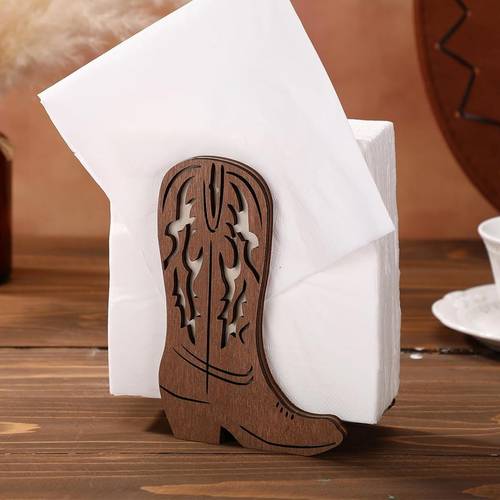1 western cowboy boot napkin holder rustic brown wooden stand with an open and sturdy base kitchen farmhouse western party decor home office or cowboy themed events featuring durable