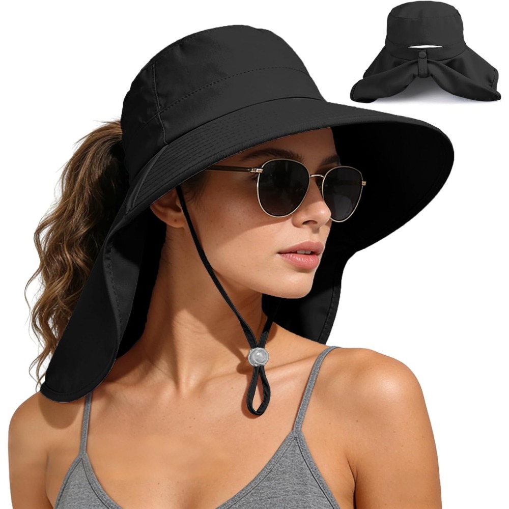 womens outdoor sun hat with neck cover and ponytail opening allows ponytail display without tightening on head breathable and not stuffy windproof cord for securing foldable and portable   rolled up wide brim suitable for   beach