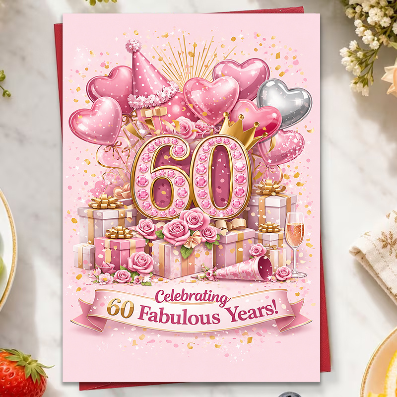 TEMU 1pc 60th Birthday Card Celebrating 60 Fabulous Years, Pink Heart Balloons, Crown, Gifts And Flowers Exquisite Design, Suitable For Women's 60th