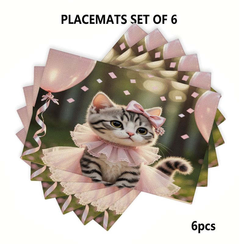 Lot de 1/4/6 sets de table rectangulaires - 30,48 x 45,72 cm - Sets de table rose chaton pour anniversaire avec motif 2D, sets de table en polyester résistant et lavable_voghion.com