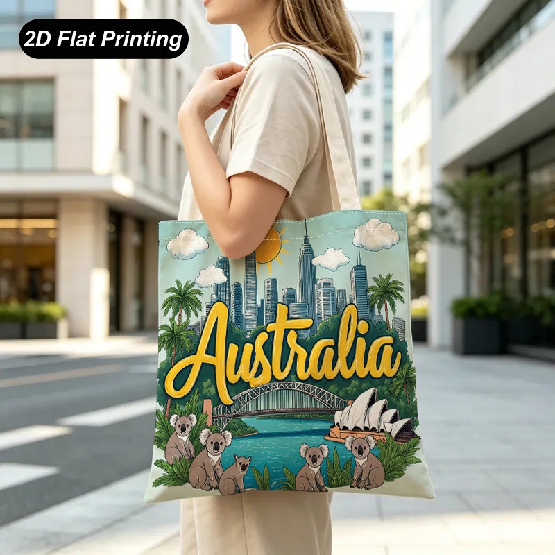 TEMU 1pc Large Australian-themed Tote Bag With Koala & Sydney Opera House Print - Suitable For Travel,, Shopping, Commute - Iconic Souvenir Gift,