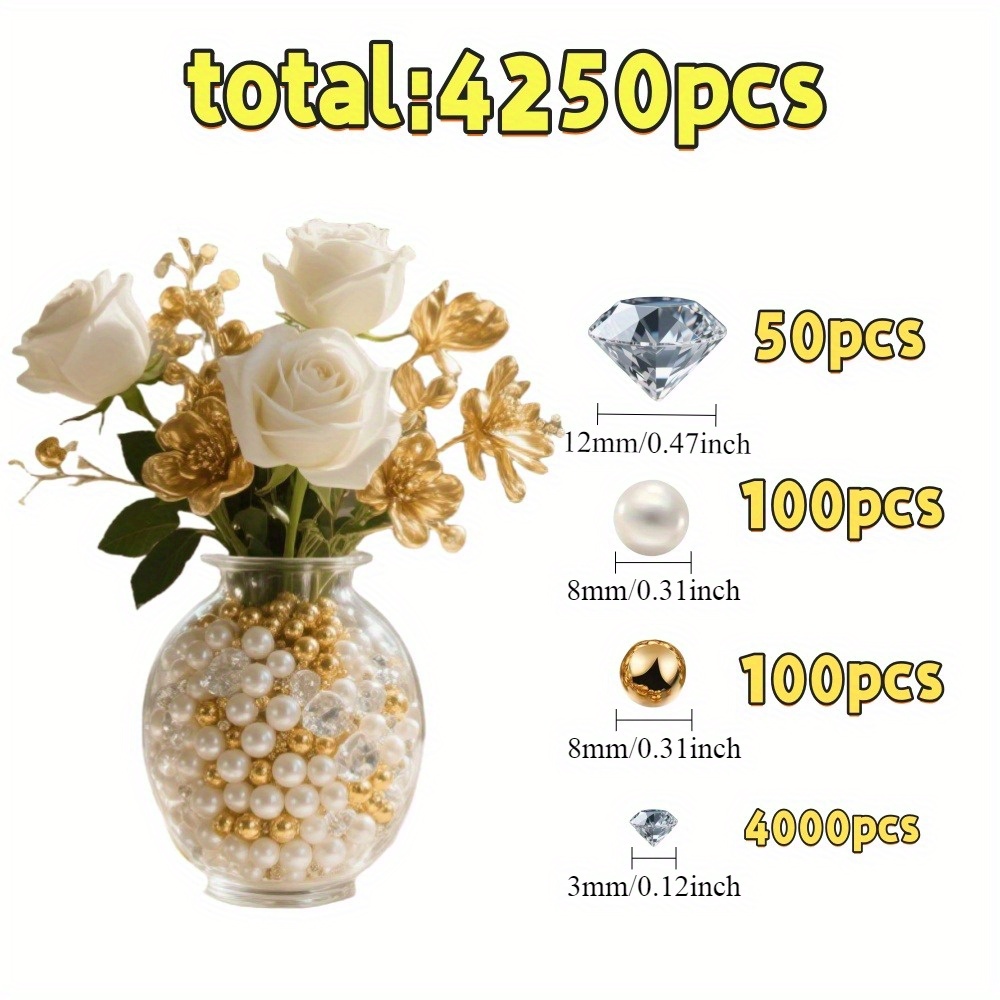 TEMU 4250pcs Diamonds And Pearl Beads, Suitable For Vase Filling, Wedding Supplies, Craft Bead Embellishments, Centerpiece Fillers, Wedding Table