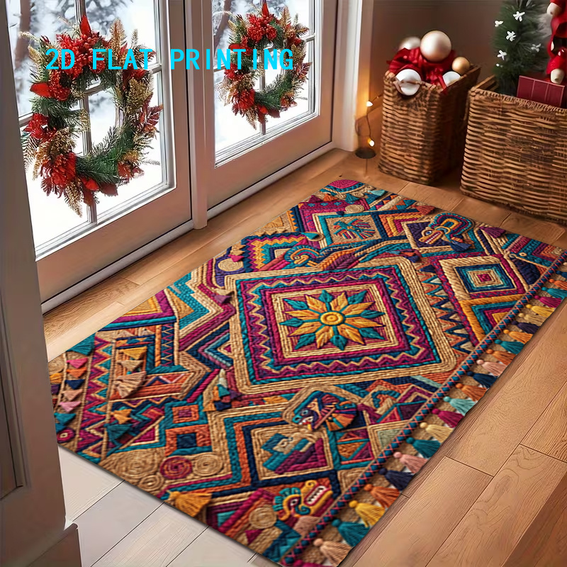 TEMU 2d Flat, 2d Flat, 1pc, 2d Flat Printing, Bohemian Ethnic Style Geometric Pattern Door Mat, Non-slip And Machine Washable Polyester Carpet,