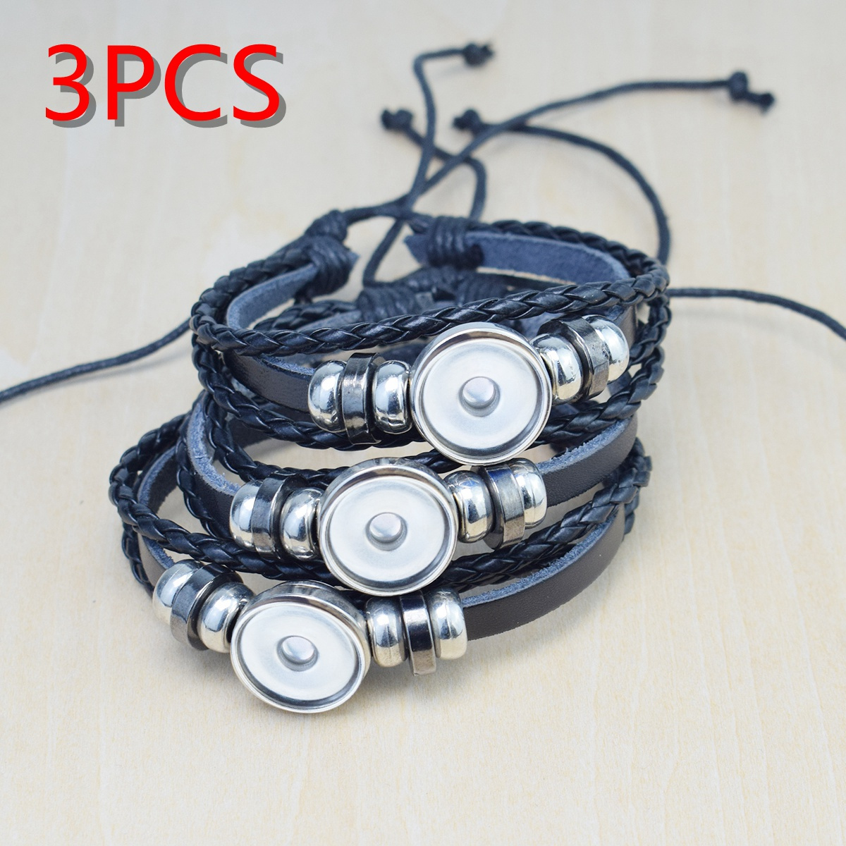 Image of 3pcs Blank Button Bracelet Settings Faux Leather Bracelets Making Additions Fit 16mm Round Cabochon Bracelet Base Trays Craft Supplies