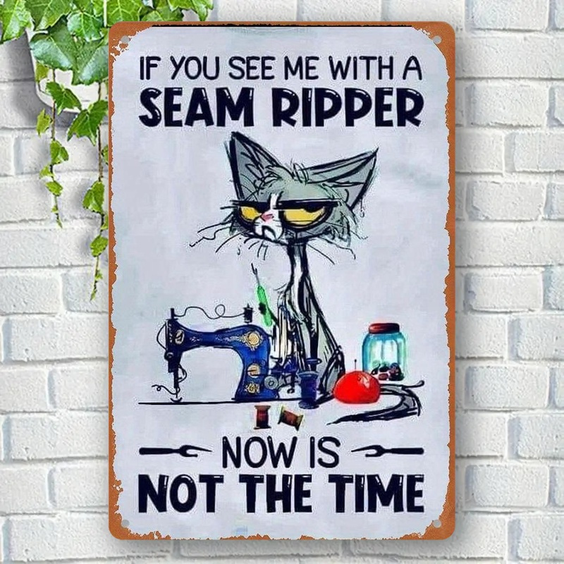 TEMU 2d Flat. Retro Wooden Cat Sewing Poster, Humorous Wall Decor, Suitable For Home And Craft Room, Ideal For Sewing Enthusiasts, Featuring Sewing