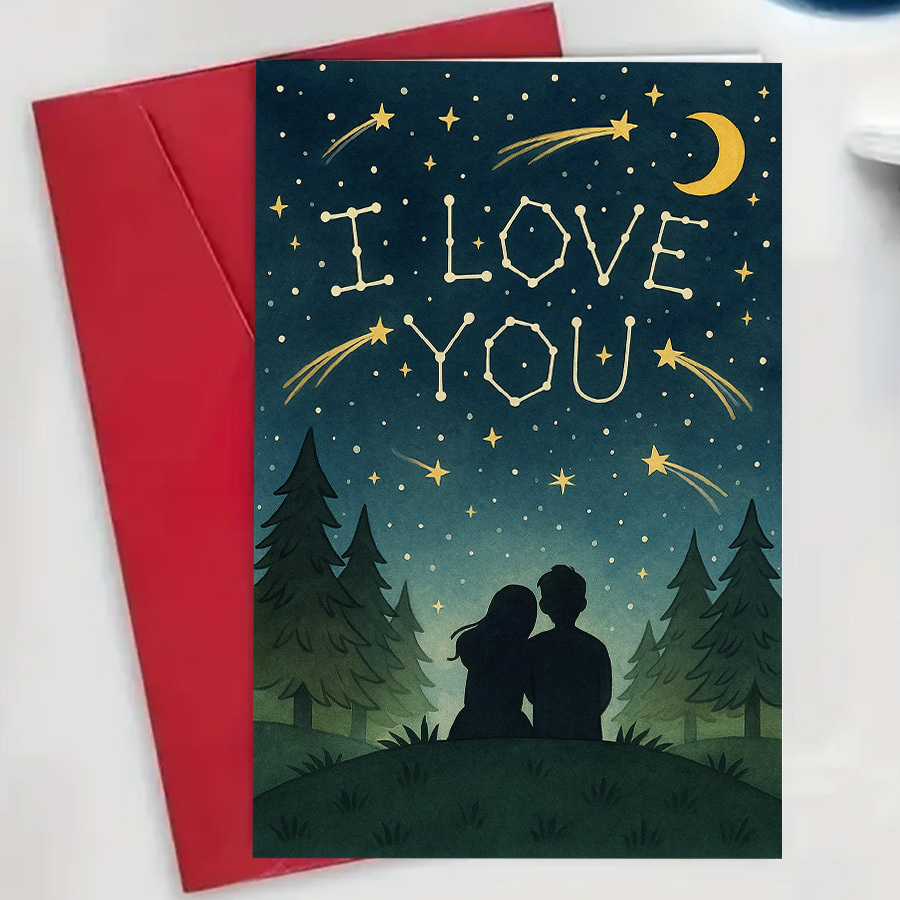 TEMU 1pc Romantic "i Love You" Greeting Card With Starry Night Design - Perfect For Couples' Anniversary, Valentine's Day, Or Just To And - Includes