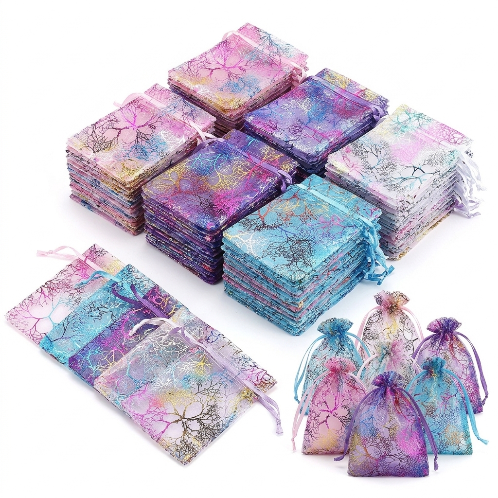 TEMU 86pz Sacchetti in Organza con Motivo a Ramo e Cordino a Nastro - Sacchetti Regalo a Rete Traslucida con Coulisse Adatti per Bomboniere Nuziali,