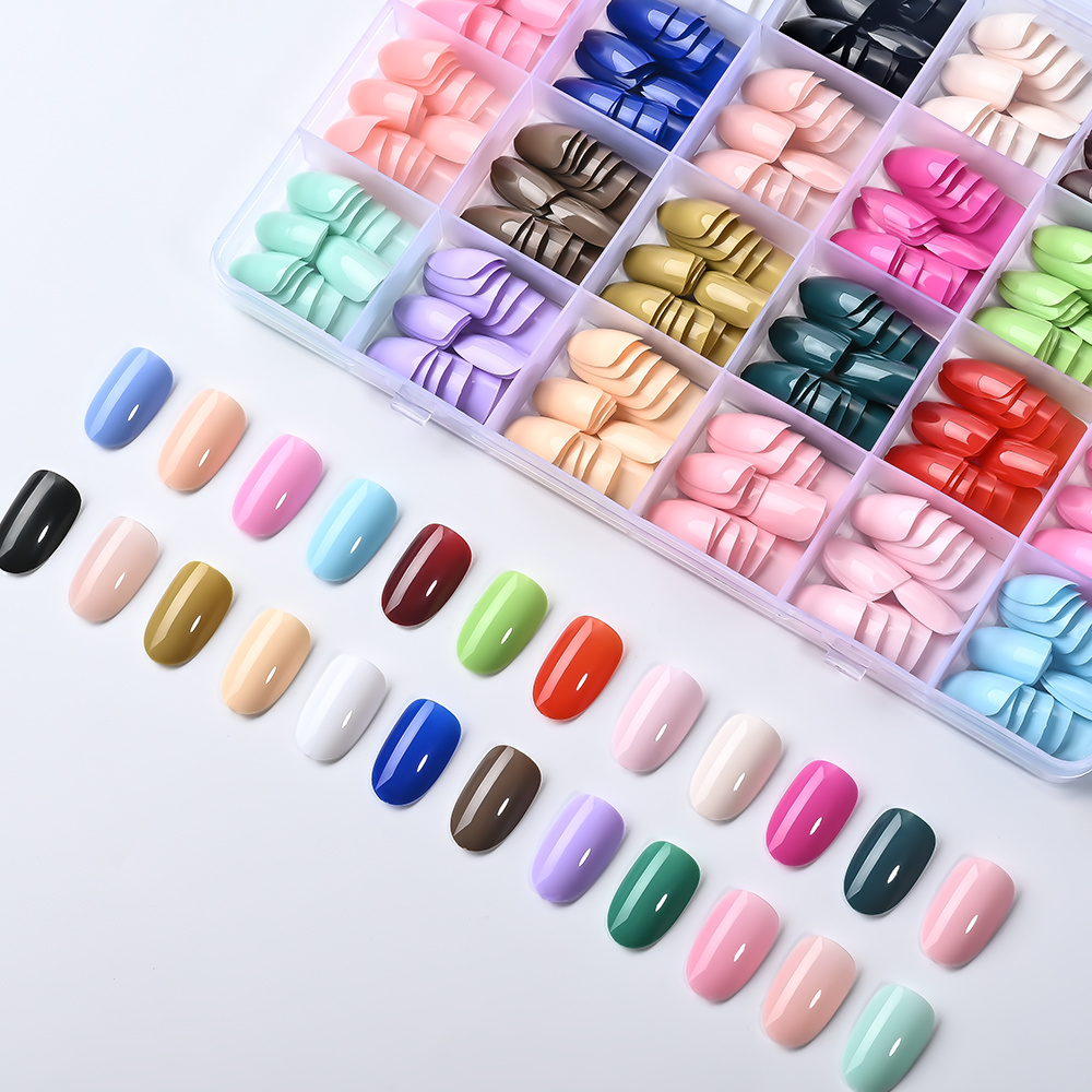 Image of 288pcs/box Colorful Short Almond False For Nails Acrylic Full Cover Fake For Nail Tips Women Artificial Wearable Press On For Nails For Nail Extension