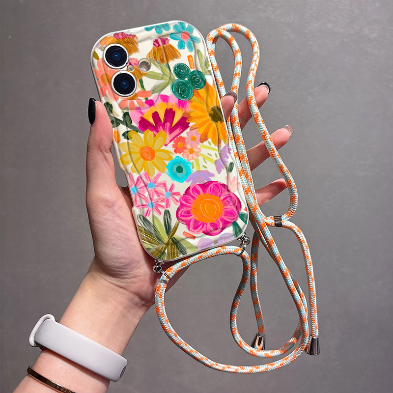 E-shop Neue beliebte Creme-Textur Handyhülle mit verstellbarem Halsband und Aufhängeseil – Buntes Blumenmuster für iPhone 16, 15, 14, 13, 12, 11 Pro
